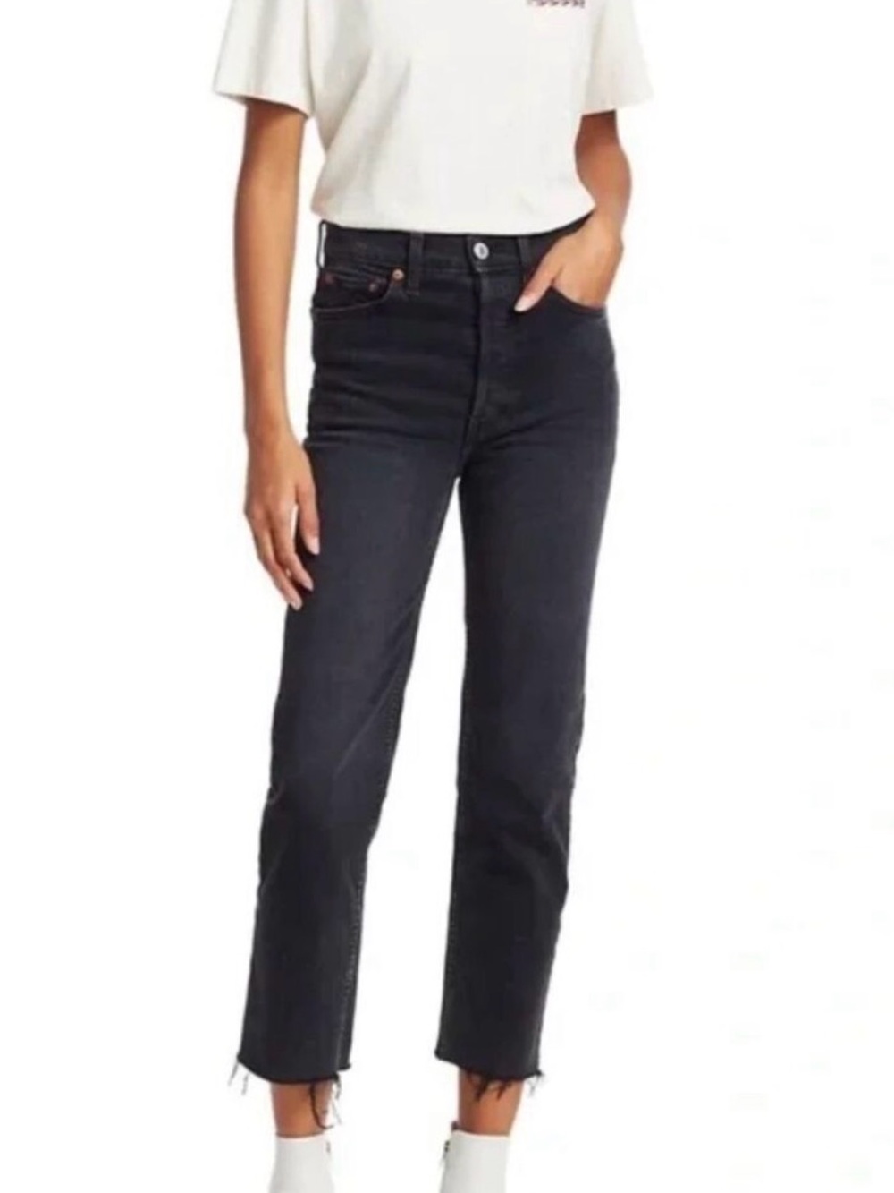 RE/DONE 70s Stove Pipe Jeans Size 26 Stoned Noir Black High Rise Raw Hem
